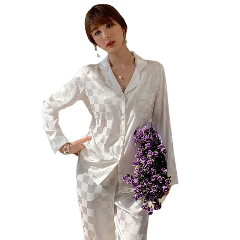 Pajamas Women\'s Silk Long-sleeved  Pajamas Suit Jacquard Plaid High-grade Ice Silk Can Be Worn Outside Home Wear Pajamas