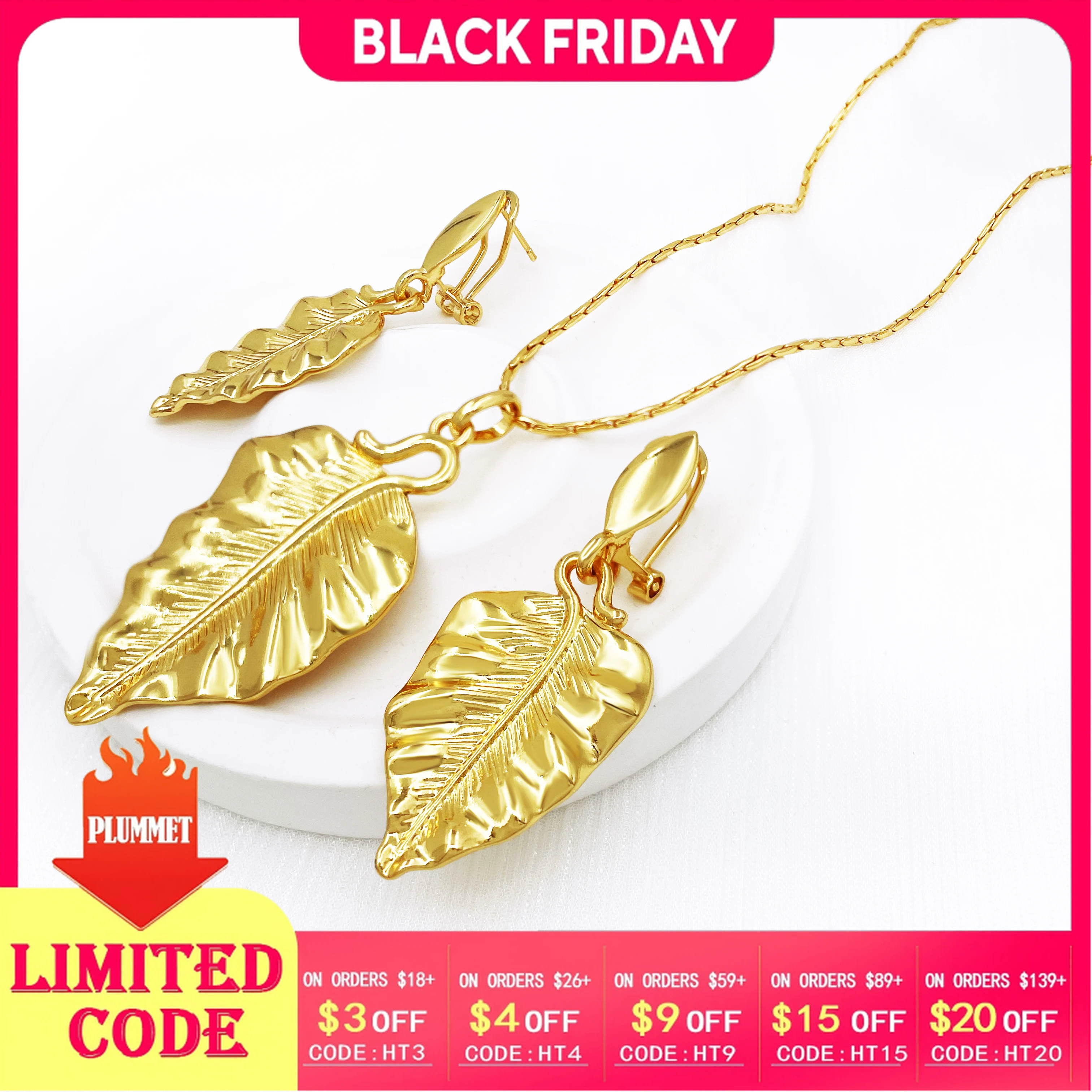 

Fashion Leaf Pendant Earrings For Women 18K Gold Plated Necklace 3PCS Set Jewelry Wedding Party Gift