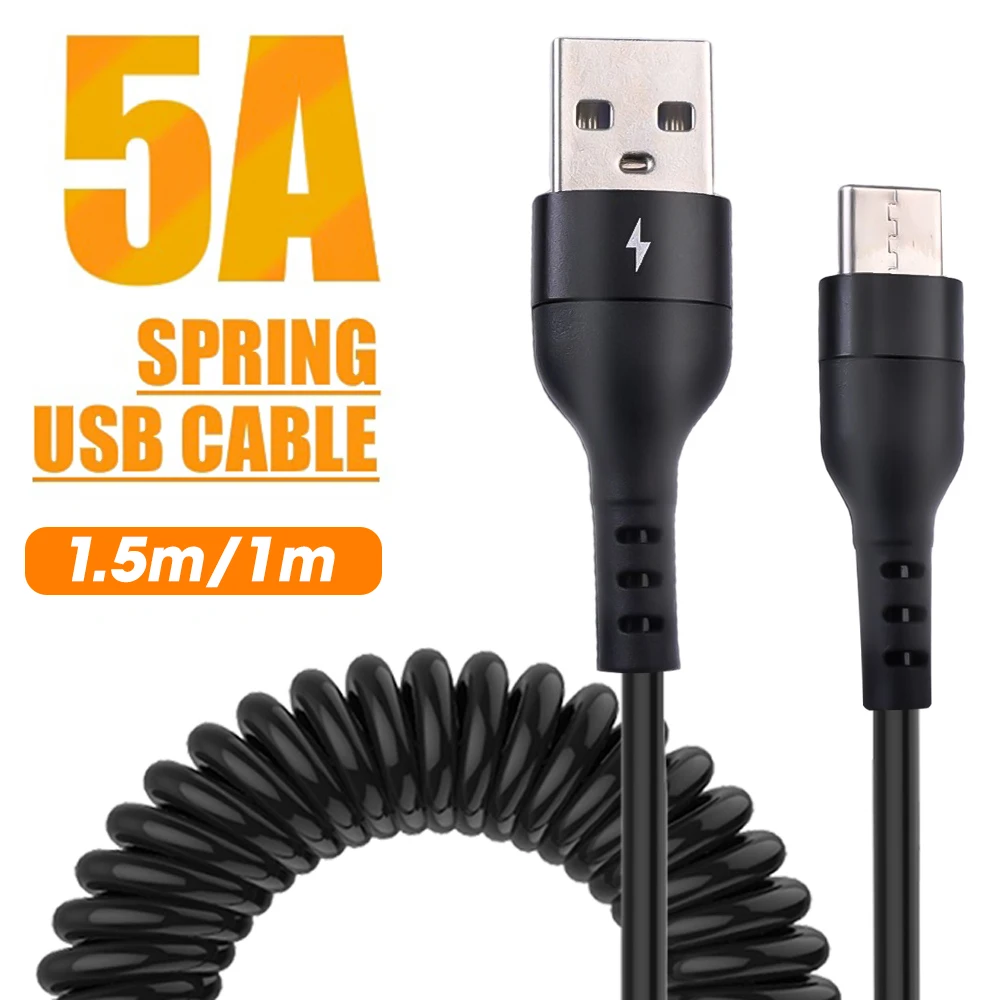 5A 66W USB Type C Spring Car Fast Charging Cable For Xiaomi Redmi POCO Samsung Realme Fast Charge Date Cable For iPhone Micro 3A