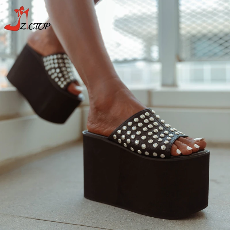 Wedges Platform Sandals Women Rivets Chunky High Heels Slippers Slip On Summer Outdoor Mules Black Punk Shoes Big Size 42 43