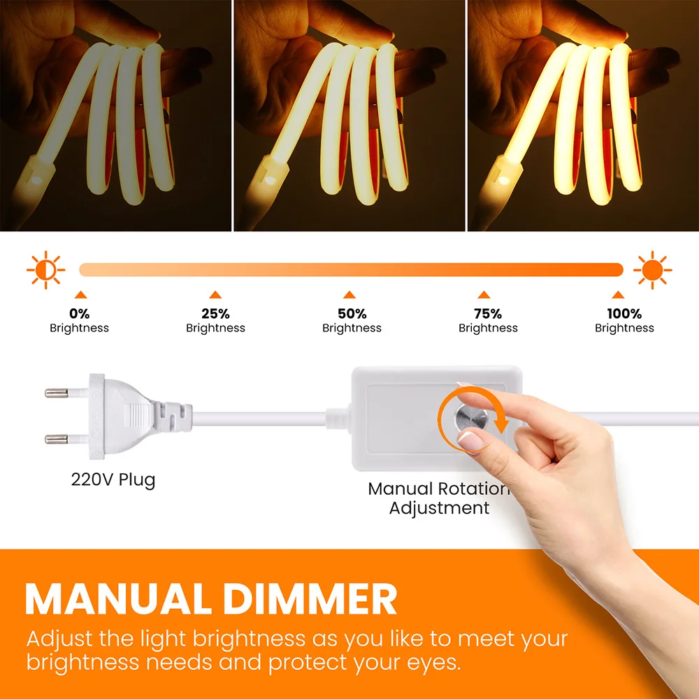 Tira de luces LED COB de 220V, cinta adhesiva con interruptor de atenuación, Kit de alimentación de la UE, iluminación lineal impermeable, lámpara