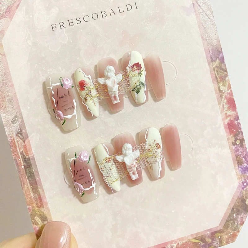 Oil Painting Handmade Press on Nails Gypsum Angel False Nails Gradient Nail Art Full Cover Fake Nails Dreamy Fingernail Tips Set