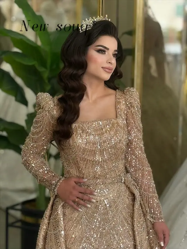 

2026 Champagne Square Neck Two Pieces Evening Dresses Dubai Muslim Long Sleeves Wedding Party Gowns for Women Brides Customized