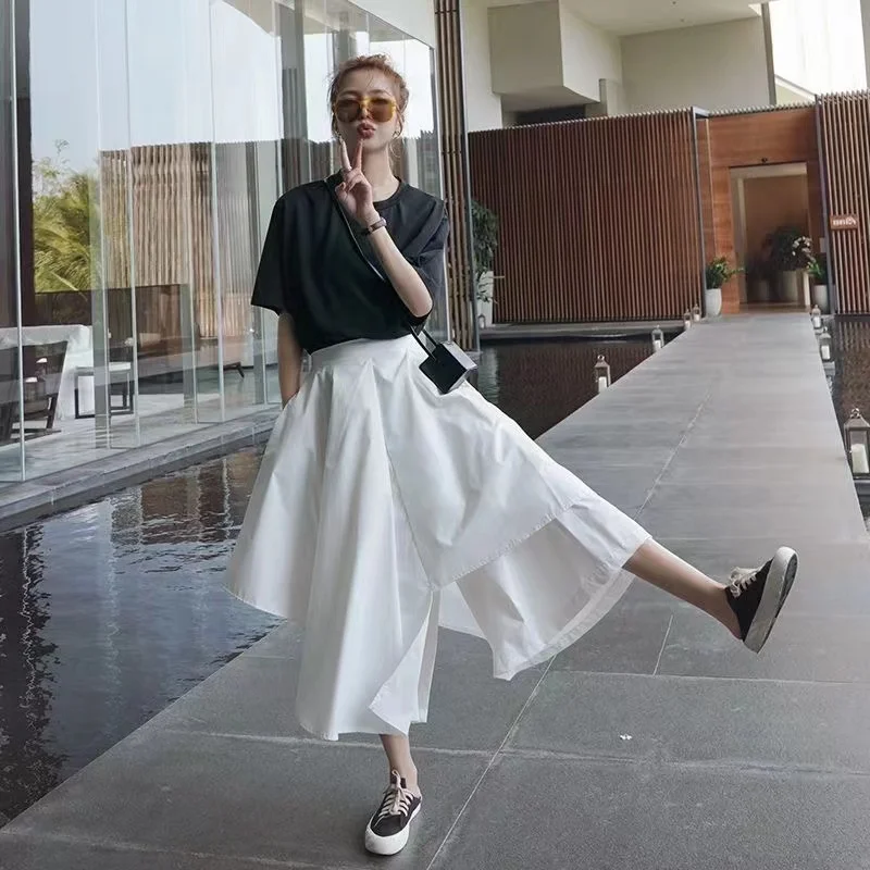 Korean Style High Waist Wide Leg Pants Nine Points Casual Trousers for Students Dark Style Spring Autumn Loose Fit Long Skirt
