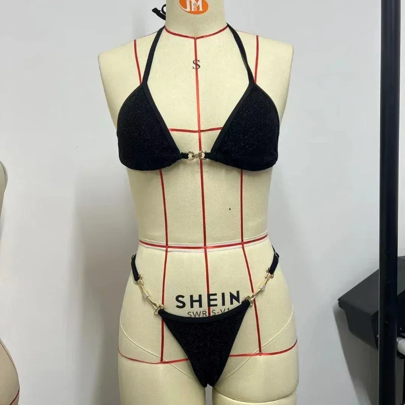 

Rhinestone Swimsuit Women 2025 Bikini Solid Black 2 Piece Swimwear Metal Chain Bathing Suit Sexy Thong Backless Beachwear