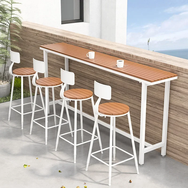 

Nordic outdoor plastic wood bar table milk tea shop casual long high table and chair combination restaurant commercial external