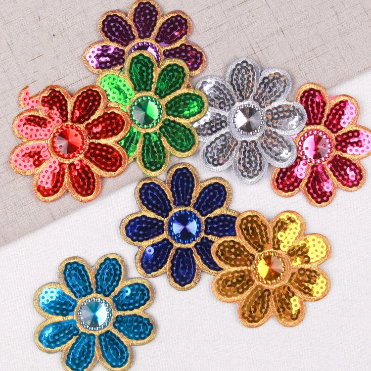 10 Pcs Sequins Embroidery Appliques Small Flowers Clothing Accessories Adhesive Backing Rhinestone Dress  Glass Rhinestones