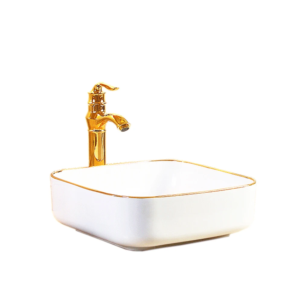 Simple and stylish ceramic bathroom decoration white sink gold wash basin