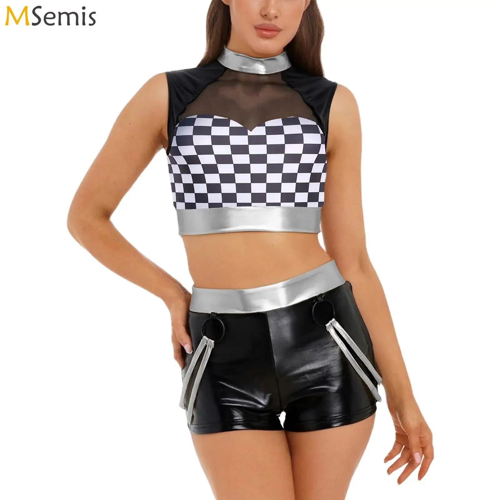 المرأة الهذيان الزي لامعة معدنية جلد الثعبان طباعة شبكة تانك المحاصيل الأعلى مع الساخن قصيرة الهذيان ديسكو نادي الحفلات القطب Dancwear ارتداءها