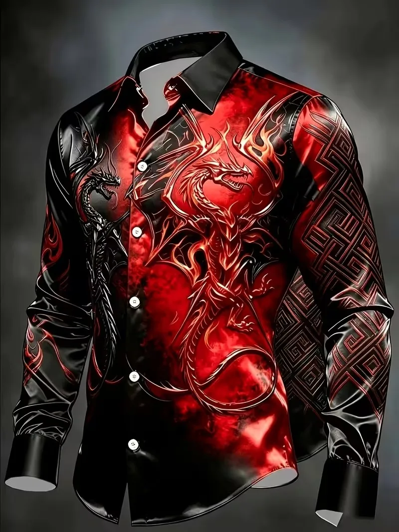 New Black and Red Flame Double Dragon Pattern Bright Long Sleeve Shirt Dark Hardcore Men's Motorcycle Shirt