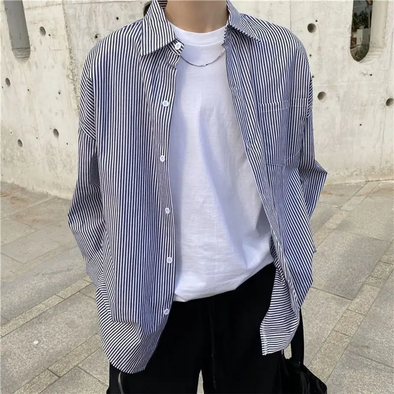 

Men's Blue Vertical Striped Long-Sleeved Shirt, Korean Style High Quality Casual Shirt Coat， Travel ，Hiking