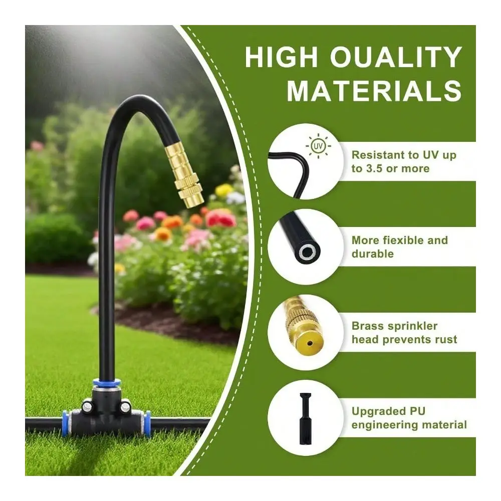 

Drip Irrigation Kit 50FT With ToolFree Quick Connectors 15 Copper Atomizing Nozzles And 360 Bendable Spray For Garden Greenhous