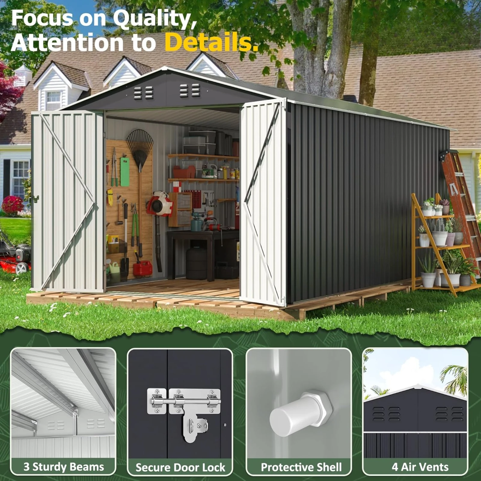 US 8x12 FT Outdoor Storage Shed, Garden Shed with Updated Frame Structure and Lockable Doors, Metal Tool Sheds for Backyard