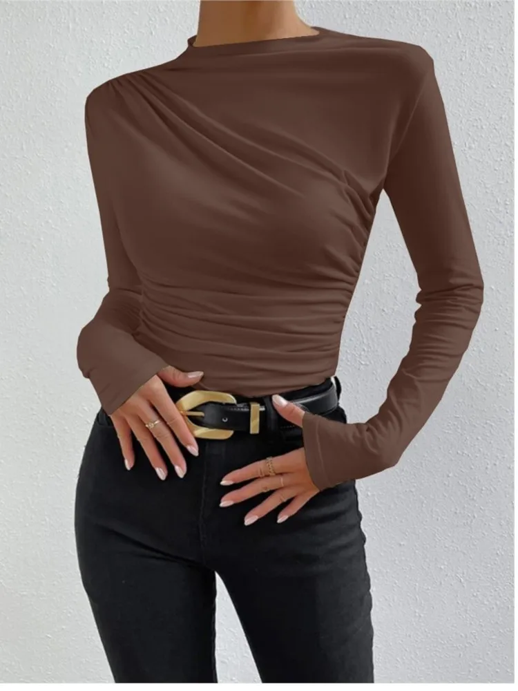 

Fashion Solid Color Slim Fit T Shirt Women Trendy All-match Folds Long Sleeve T Shirts Ladies Tops Streetwear 2024 Spring New