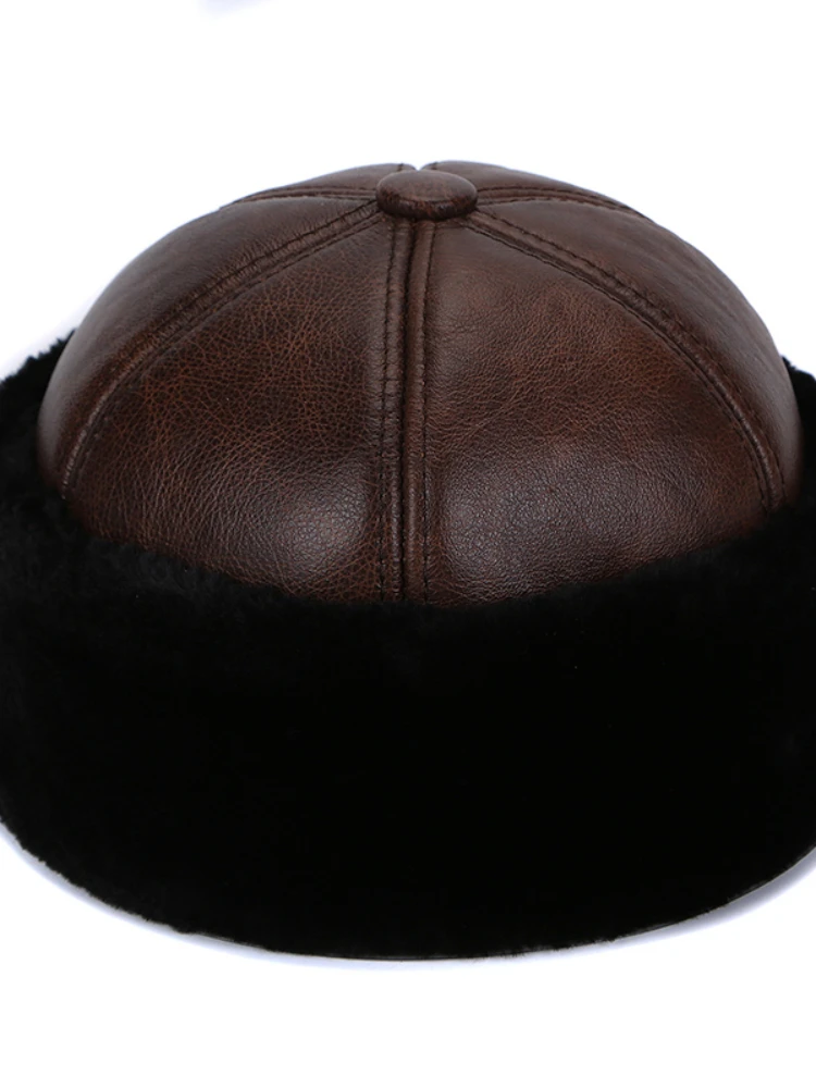 العلامة التجارية الجديدة نمط 2024 الرجعية جلد البقر منفذها قبعة الشتاء الدفء قبعات الرجال النساء قبعة جلدية حقيقية سميكة المخملية أبي قبعة قبعة جلدية