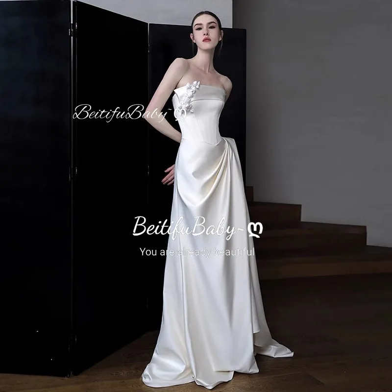 BeitifuBaby Wedding Dresses for Brides Party French Style Light Luxury Satin Strapless Appliques A-line Banquet Gown Vestidos