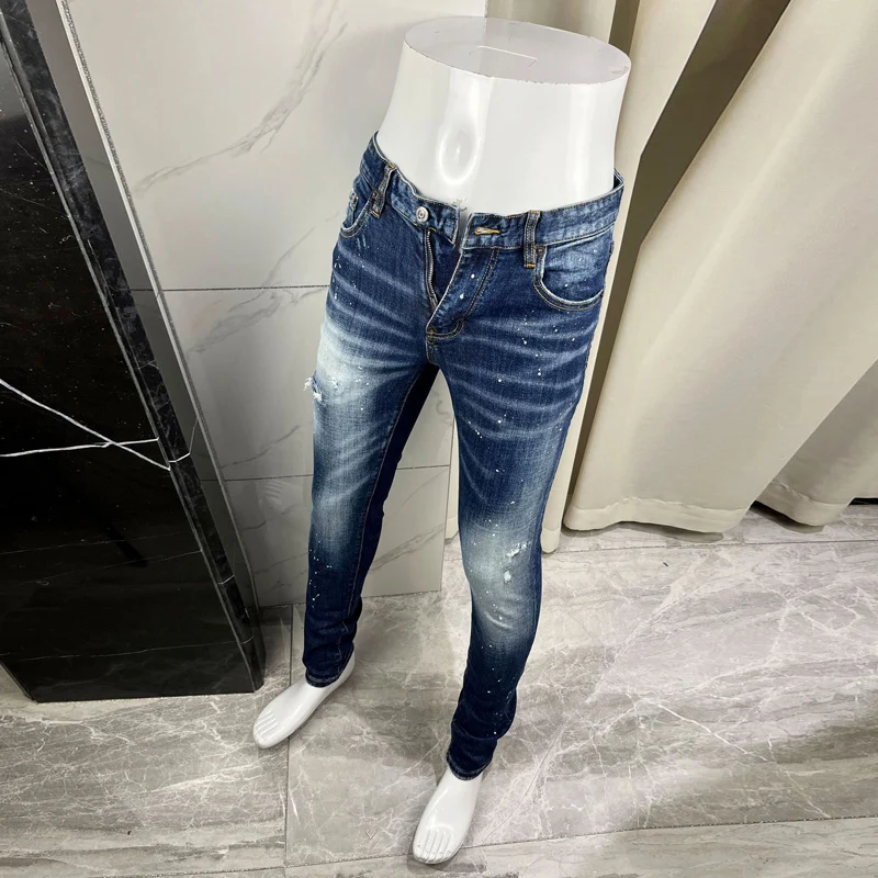 الشارع مصمم أزياء الرجال الجينز عالية الجودة الرجعية الأزرق تمتد سليم صالح ممزق الجينز الرجال العلامة التجارية خمر Y2K الدنيم السراويل Hombre