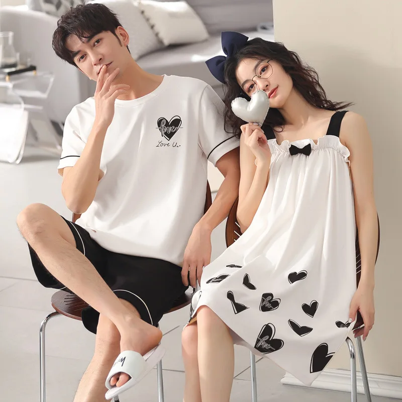 2023 Cotton Nightwear For Couples Summer Men Shorts Pijamas Women Sexy Korean Fashion Nightdress Sleepwear Young Girl Boy Lounge