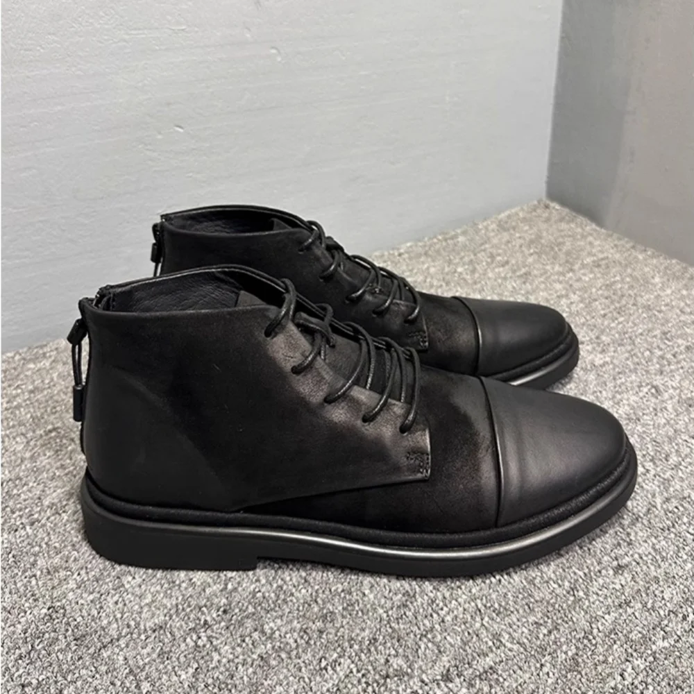 QHCCID High-top men's genuine leather Korean-style retro handmade matte Cow leather soft-soled anti-slip high-top leather shoes - Image 3