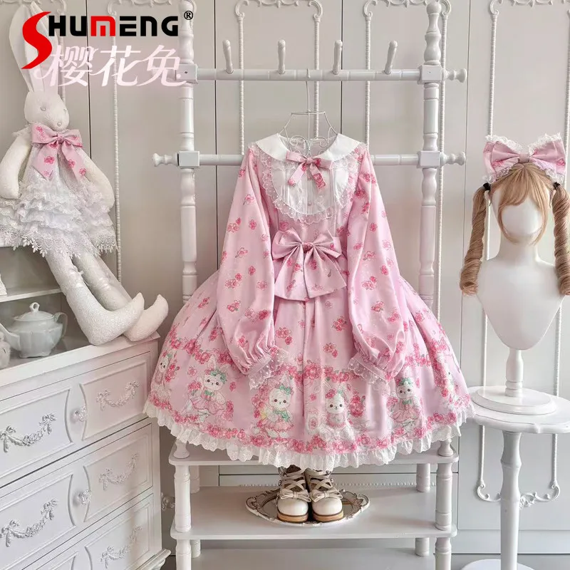 

Оригинальное розовое платье в стиле Лолита с длинными рукавами для женщин, весенне-летнее, с милым принтом кролика, кружевное, повседневное, на день рождения