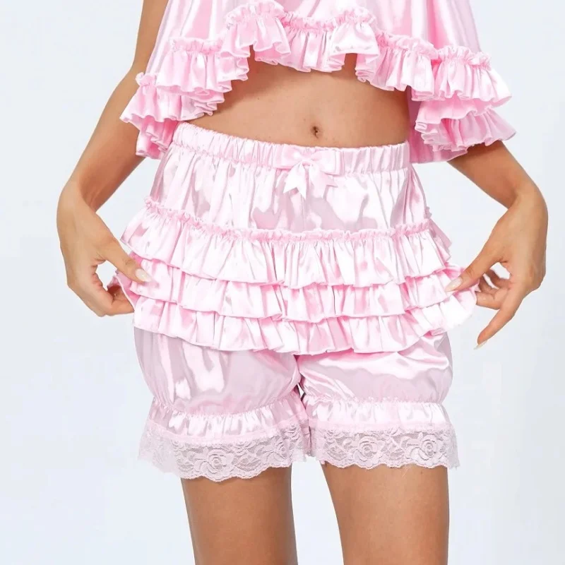 الساتان الدانتيل الكشكشة لوليتا البنطلونات السراويل السراويل النساء الوردي المتدرج Kawaii اليقطين سراويل Y2k خمر الفيكتوري البنطلون
