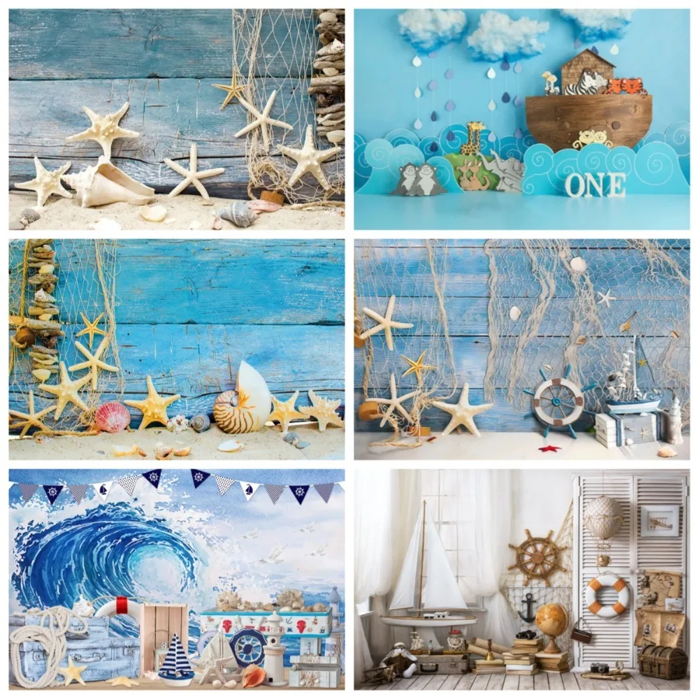 

Navigation Rudder Starfish Wooden Boat Beach Theme Banner Background, Children's Birthday Party Decoration Photography Backdrop