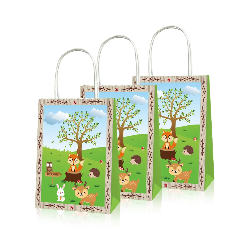 

BD020 12Pcs Forest Woodland Animals Birthday Party Portable Packing Tote Paper Gift Bag Wild ONE Baby Shower Party Decorations