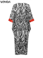 Plus Size 5XL VONDA Women Vintage Maxi Dresses Flare Sleeve Satin Sundress V-Neck Printing Patchwork Long Vestidos Party Robe - Image 5