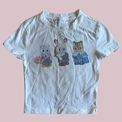Y2k Millenial Style 2000s Cute Cartoon Pattern Printed Round Neck Slim Fit Chic Small T-Shirt Top Street Style Vintage Printed