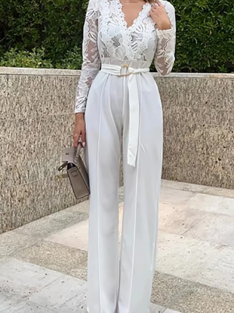 وزرة الدانتيل غير رسمية خياطة بلون حللا طويلة موضة هايت الخصر سليم السروال القصير أنيقة الخامس الرقبة طويلة الأكمام بلايسوت