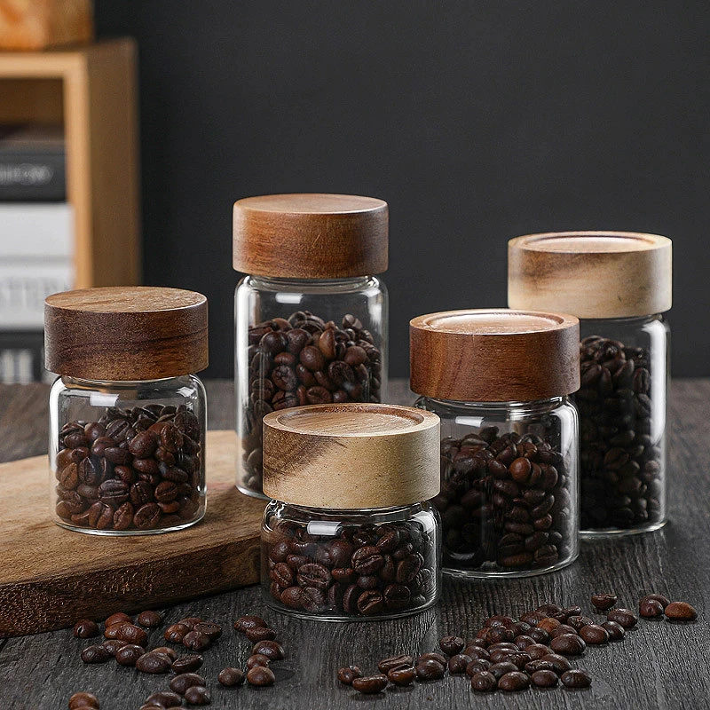 Wood Lid Glass Airtight Canister Kitchen Storage Bottles Jars Food Container Grains Tea Coffee Beans Grains Candy Jar Containers