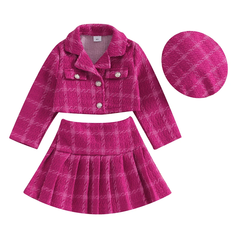 Kids Baby Clothes Tween Girl Plaid Print T Crop Jacket Blazer Pleated Skirt With Hat 3Pcs Mini Skirt Set Outfit