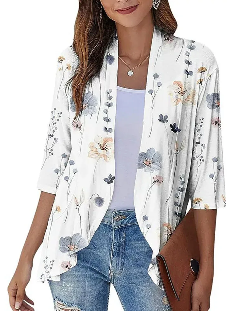 

women's 7 quarter sleeve autumn Thin coat with fashion ruffles casual loose versatile Female office cardigan Tops 2025