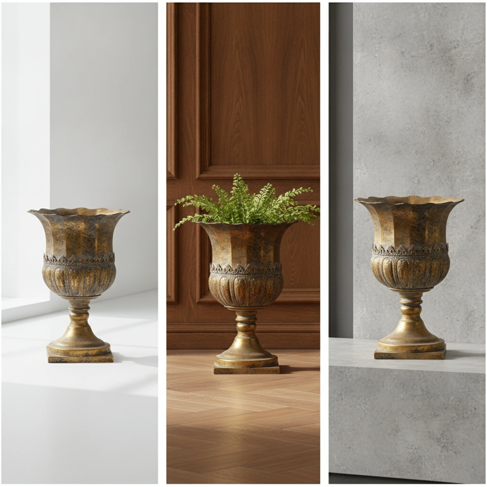 Pedestal Vase Vintage Vase with Scalloped Rim Metal Urn with Square Base Decorative Rustic for Entryway, Living Room