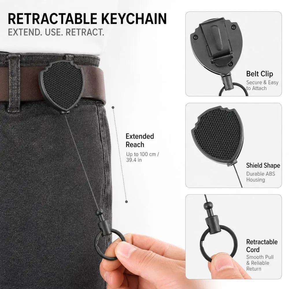 New Extended Retractable Keychain Anti-Loss Belt Attachment Retractable Key Holder Shield Shape Key Reel Key Carrying