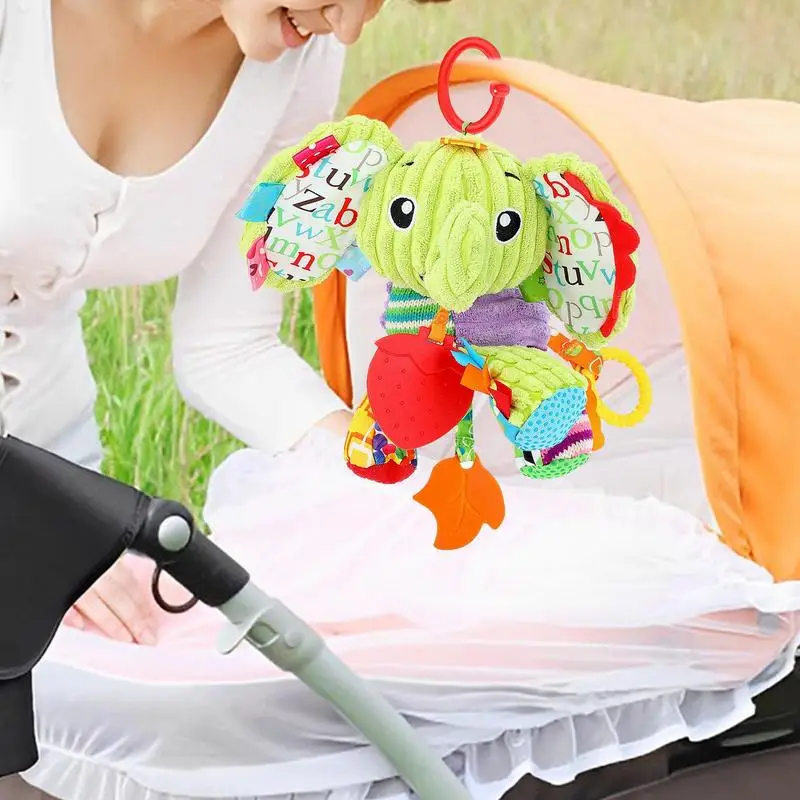 Baby Crib Hanging Rattles Toys Elephant Plush Toy Soft Crinkle Squeaky Sensory Learning Toy Pram Hanging Dolls Car Seat Toy