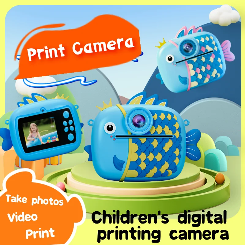 

Cute Little Fish Children Polaroid Camera Toy Fun Photo / Video Printable Photos 1080P HD Dual Camera Children's Birthday Gift