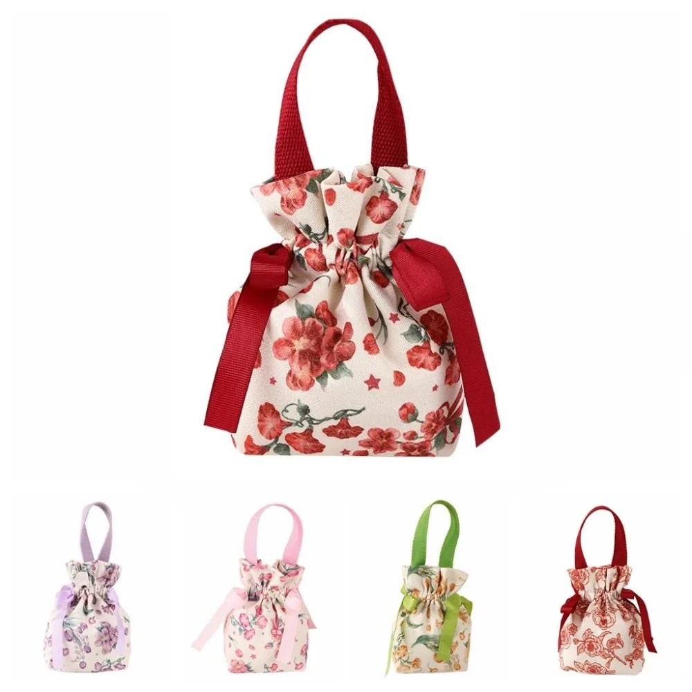 Sac à fleurs en toile florale, sac à cordon de proximité, grande capacité, nœud en ruban, sac à sucre festif, sac à bonbons de mariage de style coréen