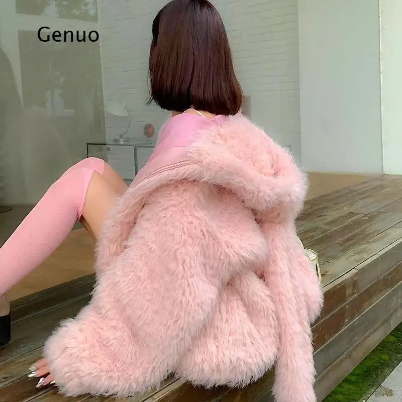 Women Eco Friendly Cute Ear Decor Faux Fur Jacket Thick Fluffy Warm Winter Coat Casual Outerwear