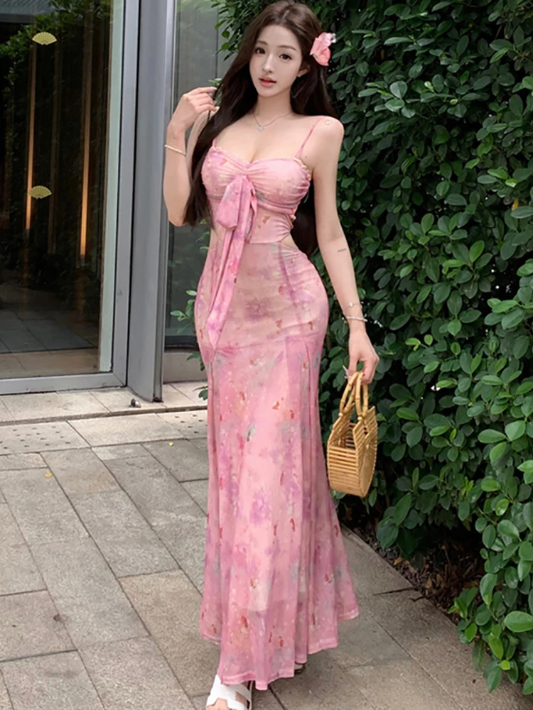2026 New Pink Floral Mesh Chic Bow Sexy Sling Dress Women Elegant Bandage Bodycon Dress Summer Korean Fashion Beach Style Dress