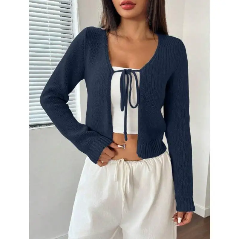 カジュアルなニットウェア カラー ロングスリーブ フロントブルーカーディガン 無地 シワ防止襟 ナインポイントスリーブ クールマックスファイバー