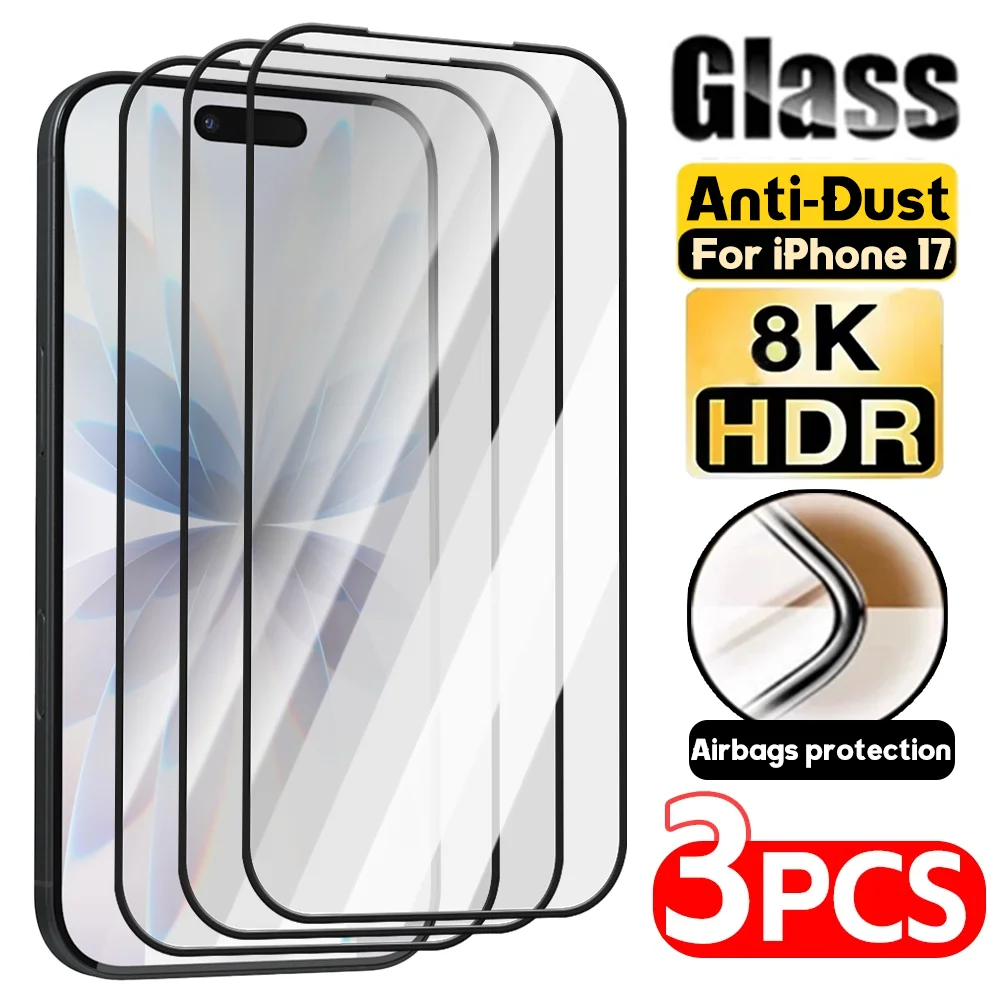 

3-1pcs Top Anti-dust HD Tempered Glass Screen Protector for IPhone 17 Pro Max 3D Airbags Protection Anti-Shatter Protective Film