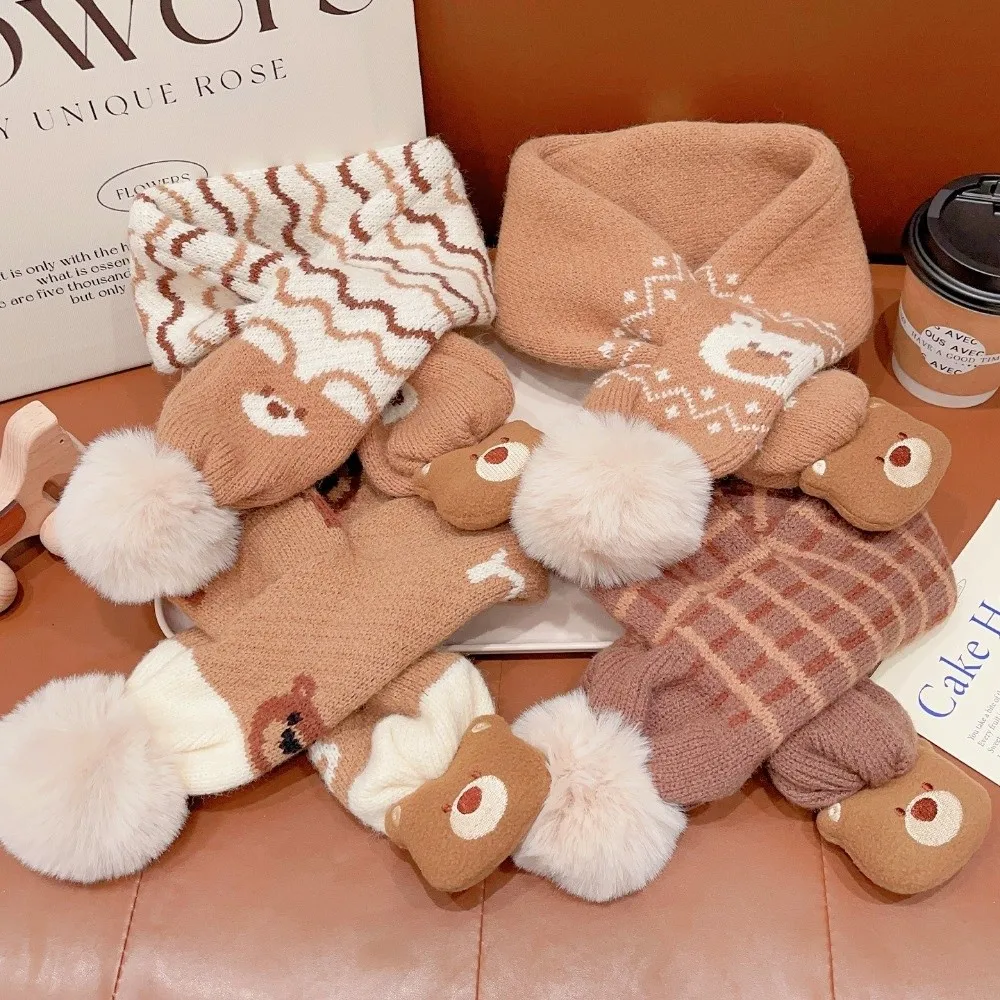 

Thickened Children's Scarves Cute Milk Coffee Little Bear Cross Scarf Warm Neck Warmer Cold-Proof Knitted Scarf