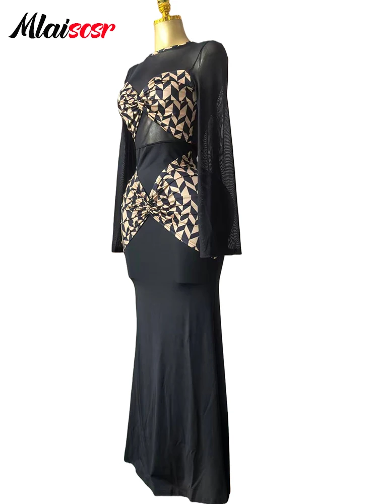 Mlaiscsr Frauen Gedruckt Patchwork Lange Hülse O-ansatz Bodycon Schlank Schwarz Maxi Kleid Luxus Geburtstag Weihnachten Party Abendkleider