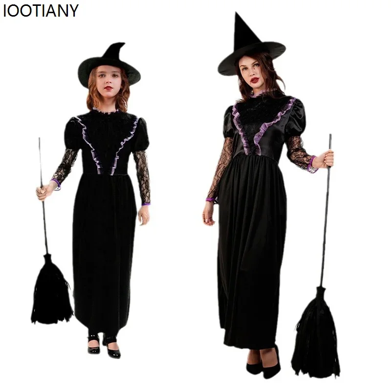 CosplayKids Adult Black Witch Cosplay Costumes Halloween Evil Wizard Parent-child Fancy Dress Carnival Party Stage Performance D