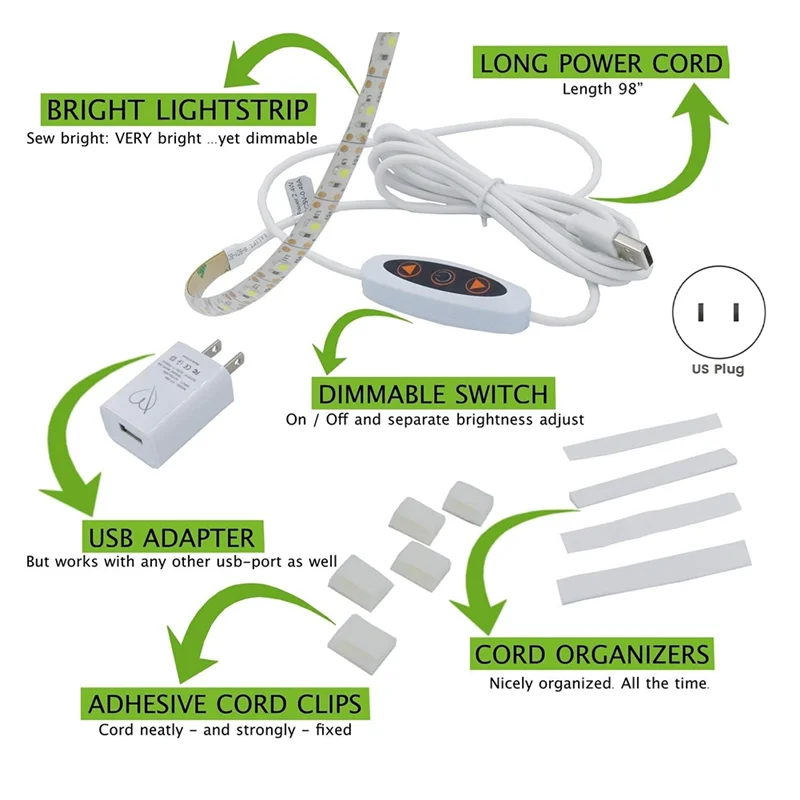 Световая полоса для швейной машины ABNG, 12-дюймовая светодиодная лента USB с регулируемой яркостью, белые фонари для Brother, Janome, вилка стандарта США