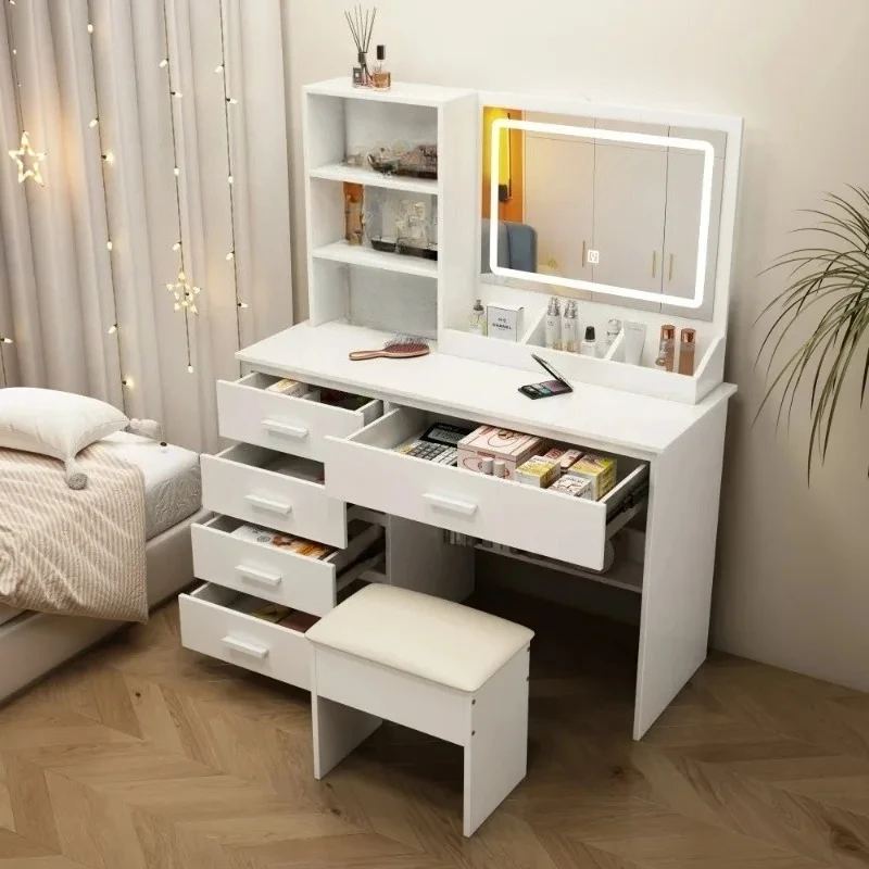 Luxury Antique Makeup Vanity Table with Mirror, Dressing Table with Drawers & Stool, Classic Bedroom Furniture