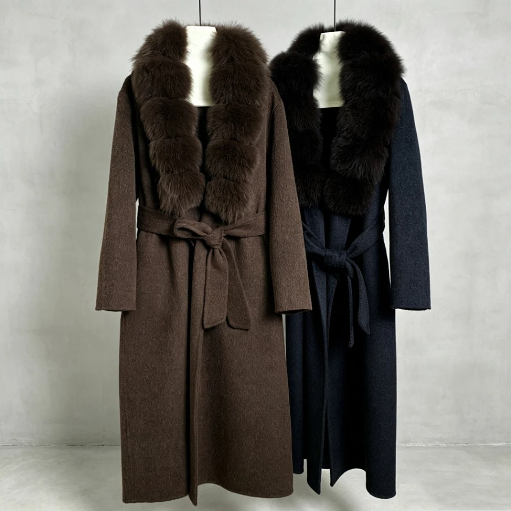New Style Premium Genuine Fox Fur Collar Women's Double Face Wool Coat Length Belt Straps for Slimming Fit Fashion Elegant Coat