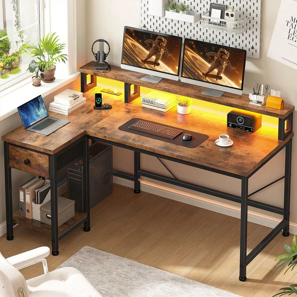 Brown L Shaped Gaming Desk With Power Outlet,Computer Desk With LED Lights Drawer,Home Office Desk With Ergonomic Monitor Stand