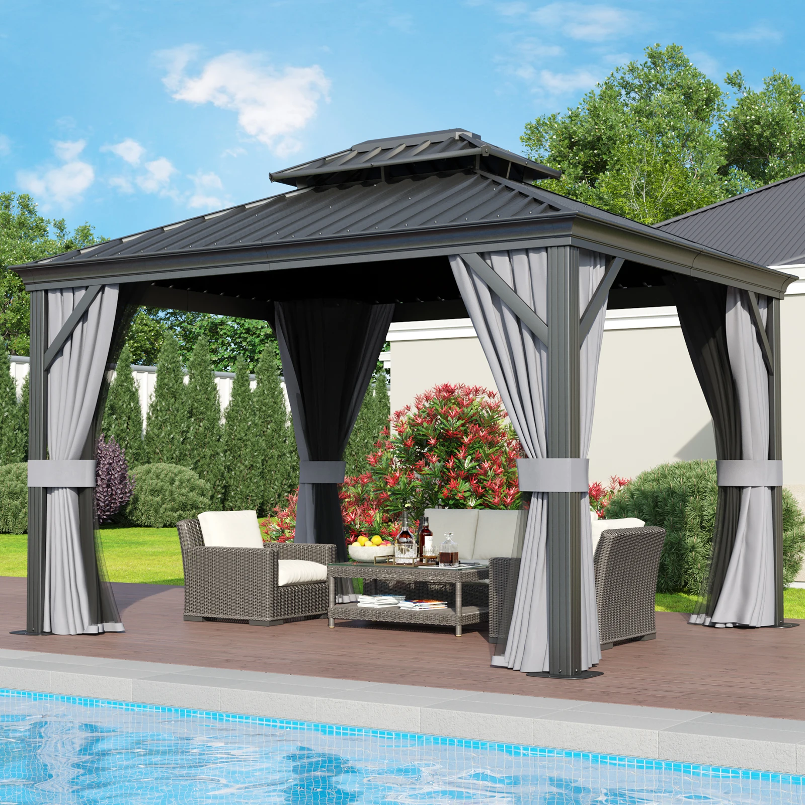 10' X 12' Hardtop Gazebo, Galvanized Steel Double Roof, Aluminum Gazebo With Privacy Curtains And Mosquito Netting, For Gardens